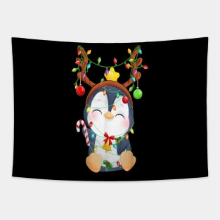 Cute Penguin Christmas Reindeer Color Lights Happy Holiday Tapestry