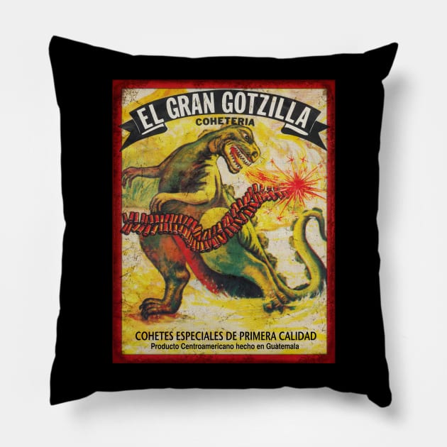 Godzilla Firecracker Poster Retro Pillow by Cabezon