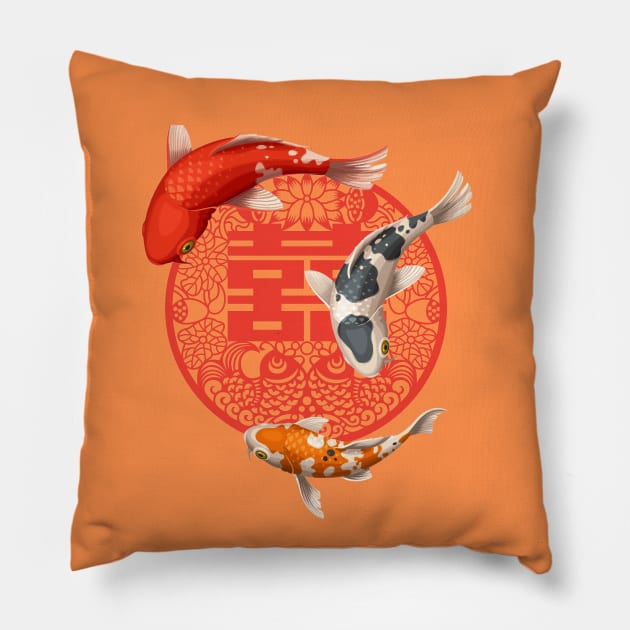 Double Happiness Koi Fish Orange with Red Symbol - Hong Kong Retro Pillow by CRAFTY BITCH