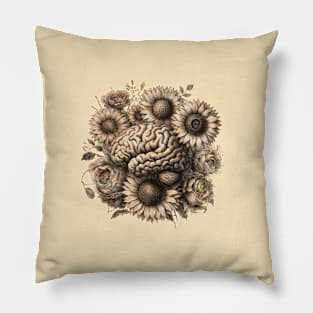 Brain sunflowers Bloom, leaves, vintage sunflowers, Positivity, creativity, right hemisphere brain, health, Mental Pillow