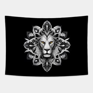 Tattoo Style Lion Head With French Lily Flower Surround Tapestry