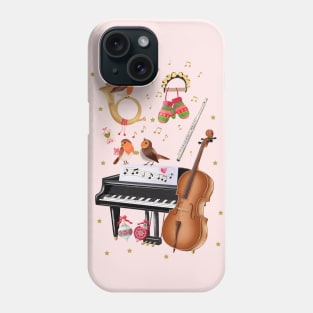 Christmas with winter birds and music instruments Phone Case