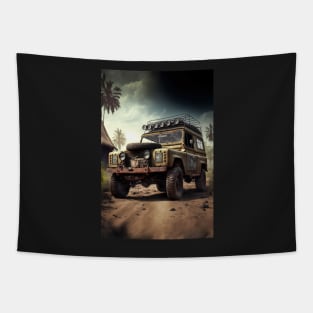 Brown Safari pick up truck in the wild-tire on hood Tapestry