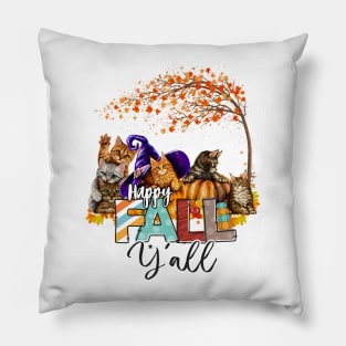 Happy Fall Yall Cute Cat And Pumpkins Autumn Pillow