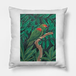 Green Parrot Perched in the Forest Pillow