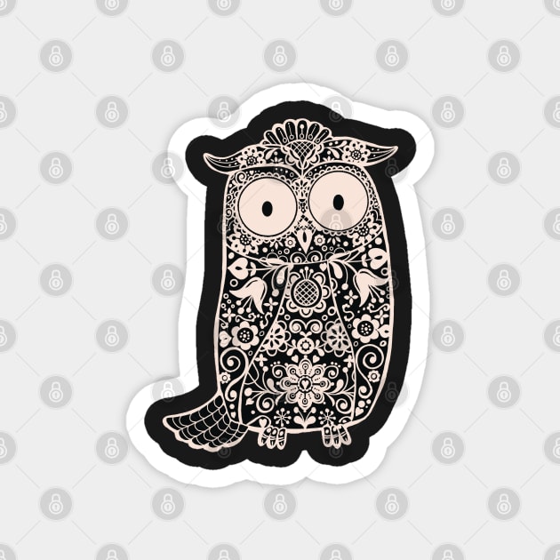 Black and White Folk Art Owl on Purple Magnet by NattyDesigns