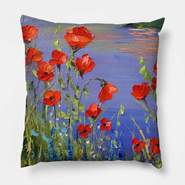 Poppies by the river Pillow by OLHADARCHUKART