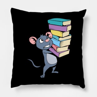Cartoon mouse with pile of books - bookworm Pillow