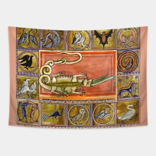 MEDIEVAL BESTIARY,CROCODILE EATING SEA SERPENT, MYTHICAL ANIMALS IN GOLD PINK BLUE COLORS Tapestry