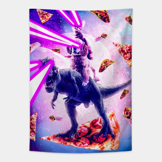 Laser Eyes Space Cat Riding Dog And Dinosaur Tapestry by Random Galaxy