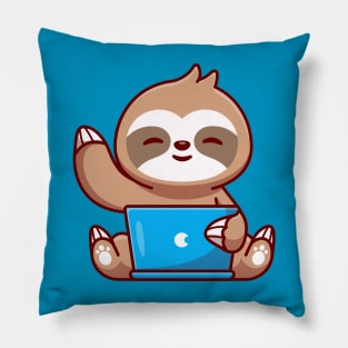 Cute Sloth Working On Laptop Cartoon Pillow
