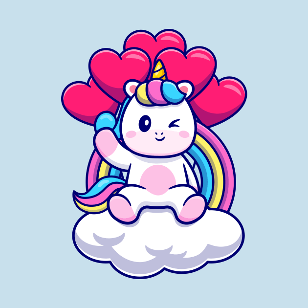 Cute Unicorn Sitting On Cloud With Rainbow And Love  Balloon Cartoon by Catalyst Labs