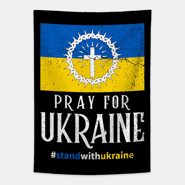 Pray For Ukraine, Ukrainian Flag Distressed, Christian Cross Tapestry by PorcupineTees