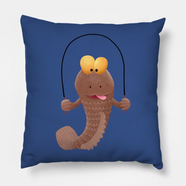 Funny skipping mudskipper fish cartoon Pillow by FrogFactory