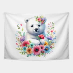 A polar bear decorated with beautiful colorful flowers. Tapestry