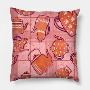 Pink Plaid Tea Lover Teapots Pattern Pillow