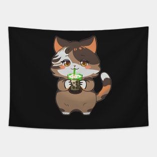 Cat Drinking Boba Tea Tapestry