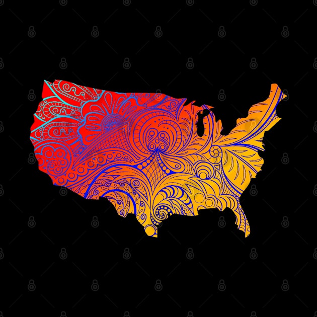 Colorful mandala art map of the United States of America in orange and red with blue by Happy Citizen