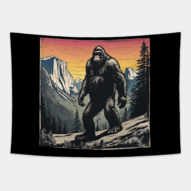 Coolest Bigfoot Believer Wanderlust in the Retro Japanese Mountains Tapestry by DaysuCollege