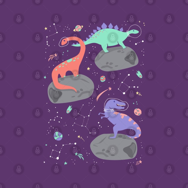 Dinosaurs Floating on an Asteroid in Purple by latheandquill