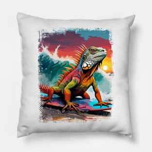 Iguana Surfing Cute Colorful Comic Illustration Pillow
