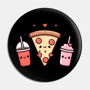 Kawaii Food Art with Pizza, Cola, Strawberry Milkshake, and Hearts | Cutesy Kawaii Pin