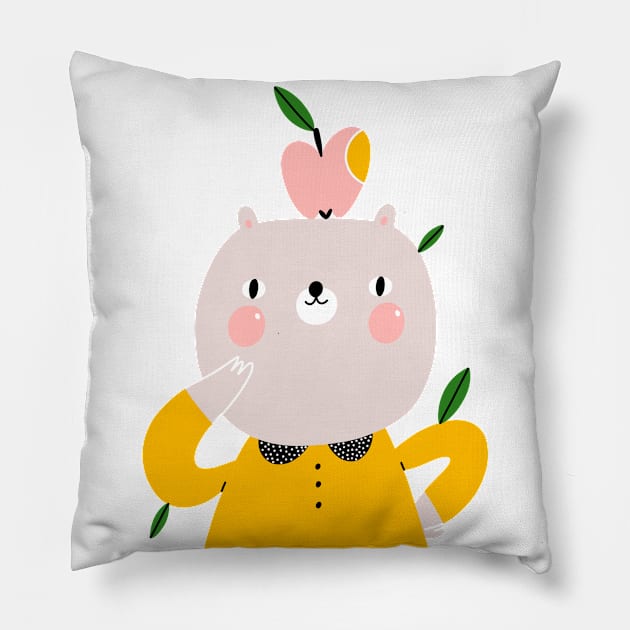 Cute cartoon bear with an apple Pillow by Stolenpencil