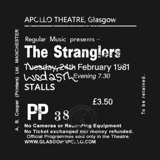 The Stranglers Wednesday 25th of February 1981 Glasgow Apollo UK Tour Ticket Repro White Text T-Shirt