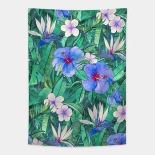 White Bird of Paradise & Blue Hibiscus Tropical Garden Tapestry