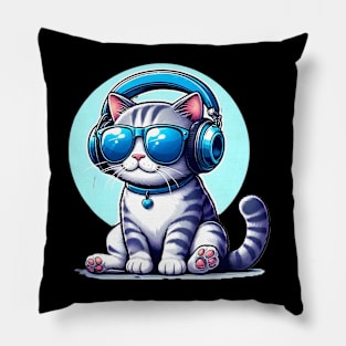 Cute cat wearing blue headphone and sunglass enjoying music Pillow