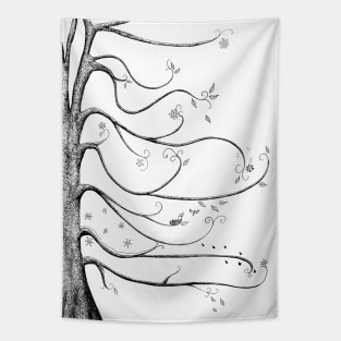 Four Seasons Tree of Life Ink Illustration in Black and White Tapestry