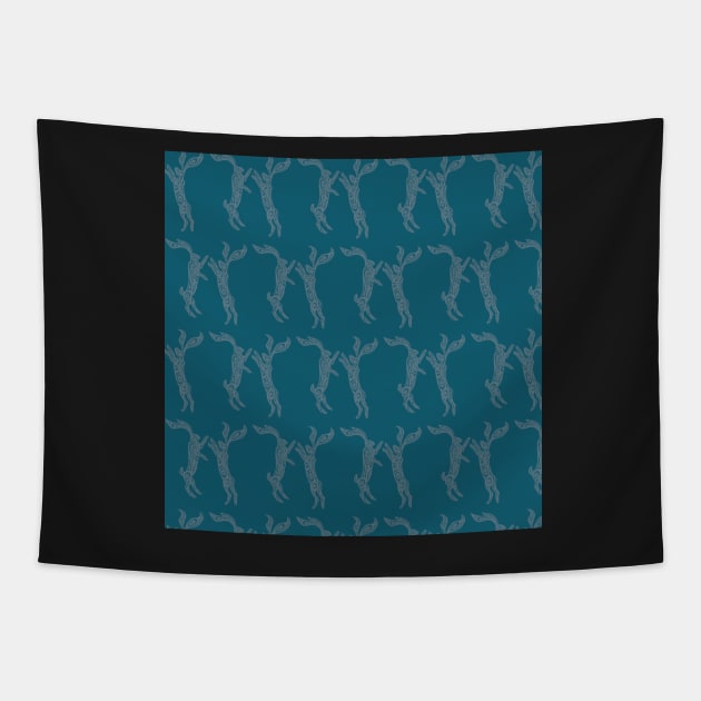 Boxing Hares - Deep Teal Tapestry by lottibrown