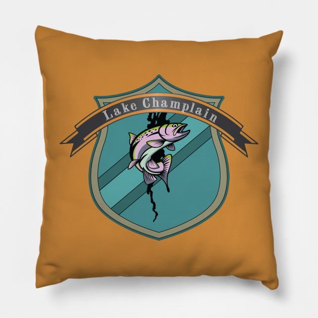 Lake Champlain Trout Badge Pillow by Designs by Dro