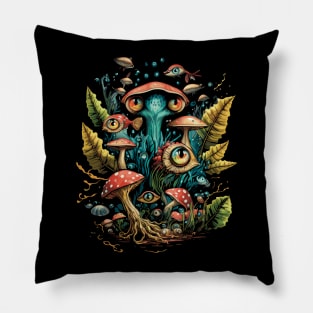 Psychedelic Mushrooms, Flying Fishes Surreal Trippy Nature Pillow