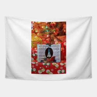 Christmas Music Box Book with a blue Church closeup Tapestry