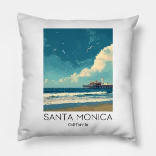 A Vintage Travel Illustration of Santa Monica - California - US Pillow