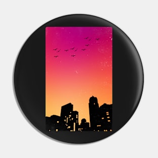 Colorful Sky w/ Birds and Buildings Silhouette Pin