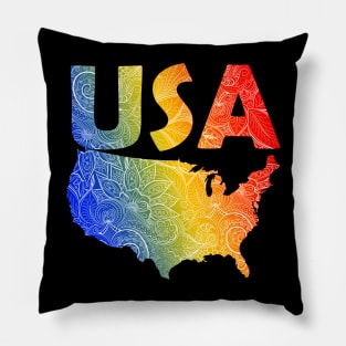 Colorful mandala art map of the United States of America with text in blue, yellow, and red Pillow