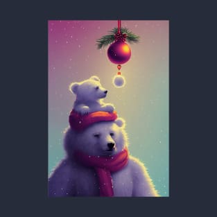A polar bear in a red scarf with a bear cub on his shoulders. T-Shirt