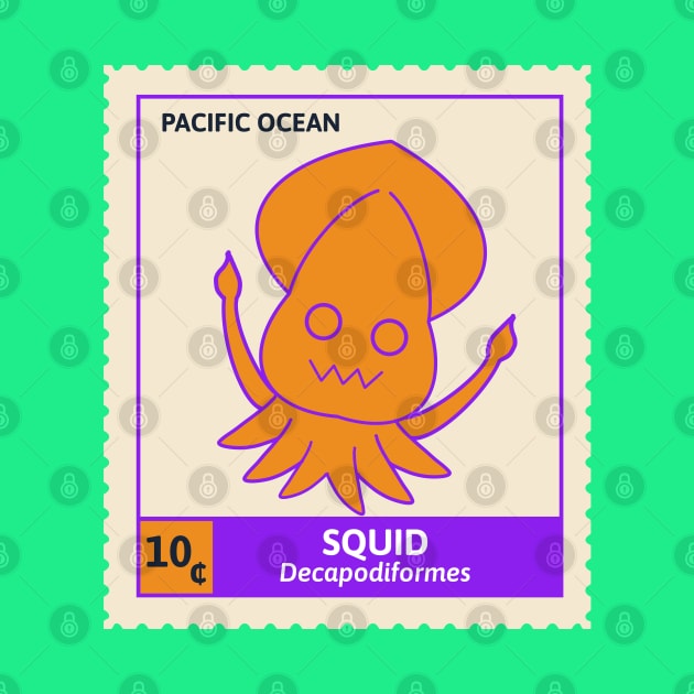 Kawaii Cute Silly Orange Squid, Ocean Stamp Collection, Stamp Collector by vystudio