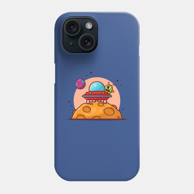 Cute Alien UFO Spaceship Landed on The Moon Cartoon Vector Icon Illustration Phone Case by Catalyst Labs