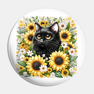 black cat encircled by white and yellow flowers Pin