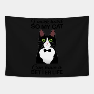 Hard Working Cat Owner T-Shirt Funny Black Cat Gif Tapestry