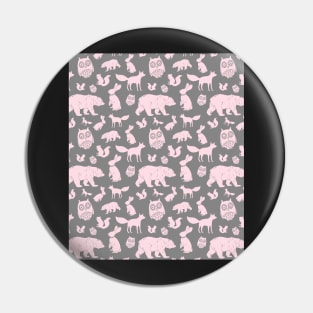 Grey Light Pink Forest Animals Fox Bear Owl Bunny Pin