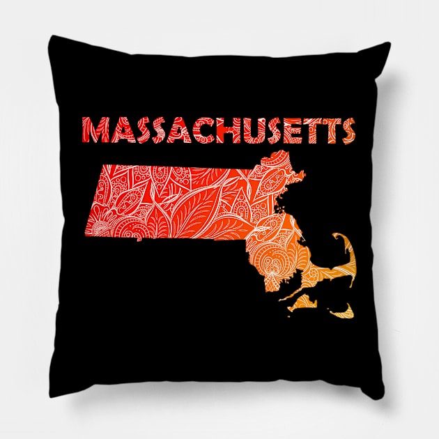 Colorful mandala art map of Massachusetts with text in red and orange Pillow by Happy Citizen