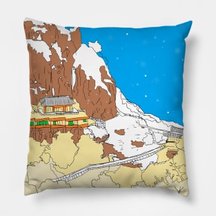 a snow-covered mountain temple, snowscape Pillow