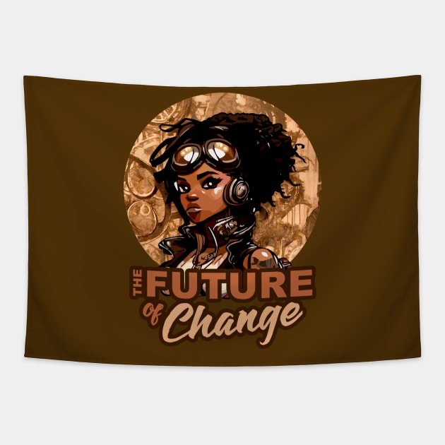 Future of Change Steampunk Anime Black Girl Empowerment Tapestry by Irene Koh Studio