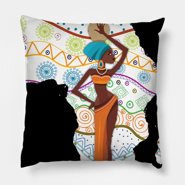 Africa map with African Girl and African hand drawn ethnic pattern, tribal background. Beautiful black woman Pillow by Mashmosh