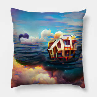 A House Floating on Ocean Art Pillow