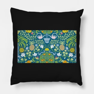 colorful orange tree and palm garden damask on blue | repeat pattern Pillow